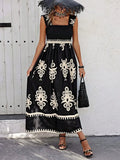 Smocked Printed Maxi Dress With Wide Straps Boho Style Details - Southern Shores Clothing