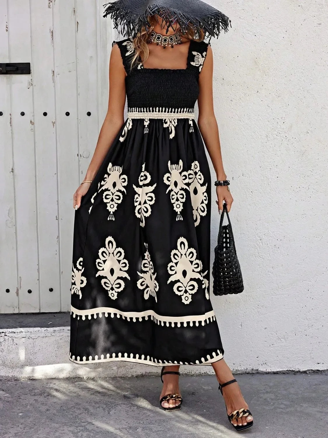 Smocked Printed Maxi Dress With Wide Straps Boho Style Details - Southern Shores Clothing