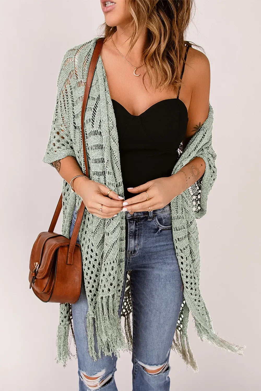 Lightweight Openwork Fringed Cardigan With Open Front - Southern Shores Clothing