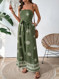 Printed Strapless Wide Leg Jumpsuit With Tie Waist Detailing - Southern Shores Clothing