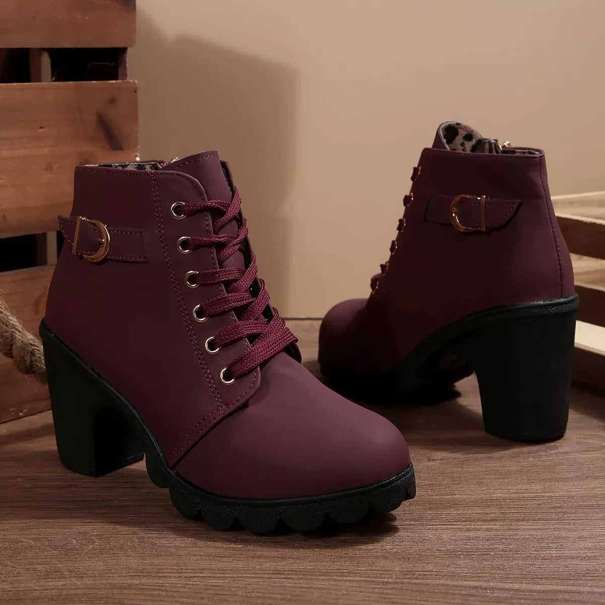 Lace Up Buckle Chunky Heel Ankle Boots Suede Rubber