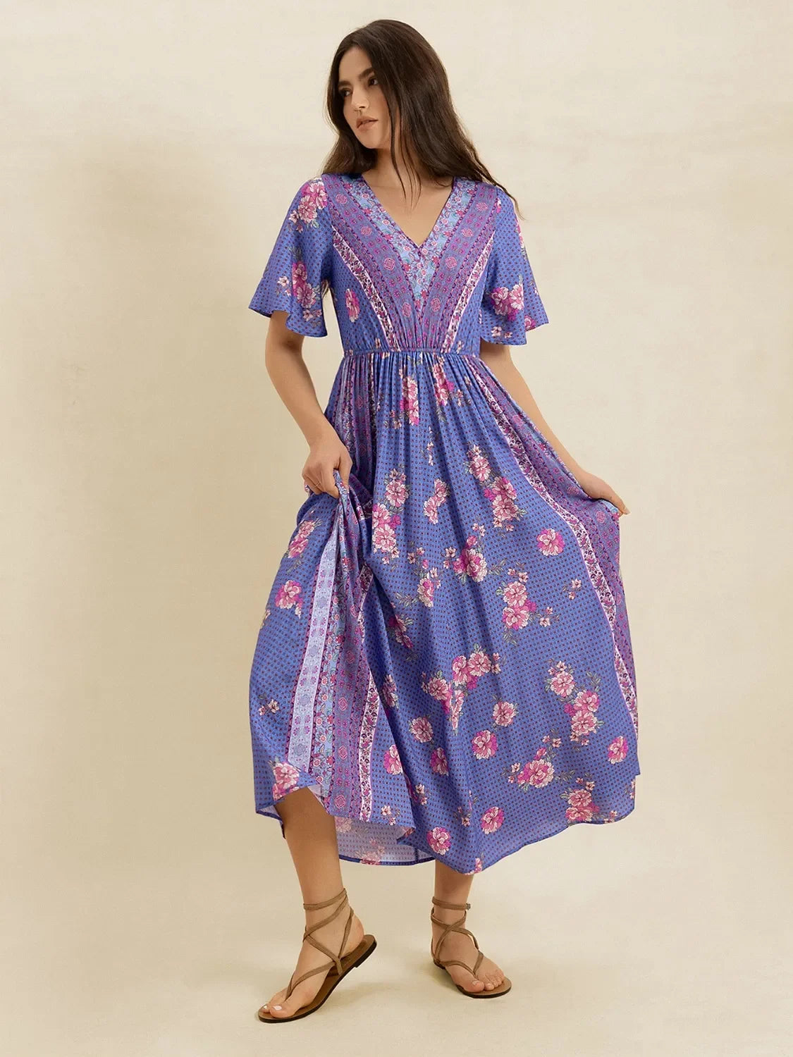 Printed Short Sleeve Midi Dress With Floral Pattern And V-Neck - Southern Shores Clothing