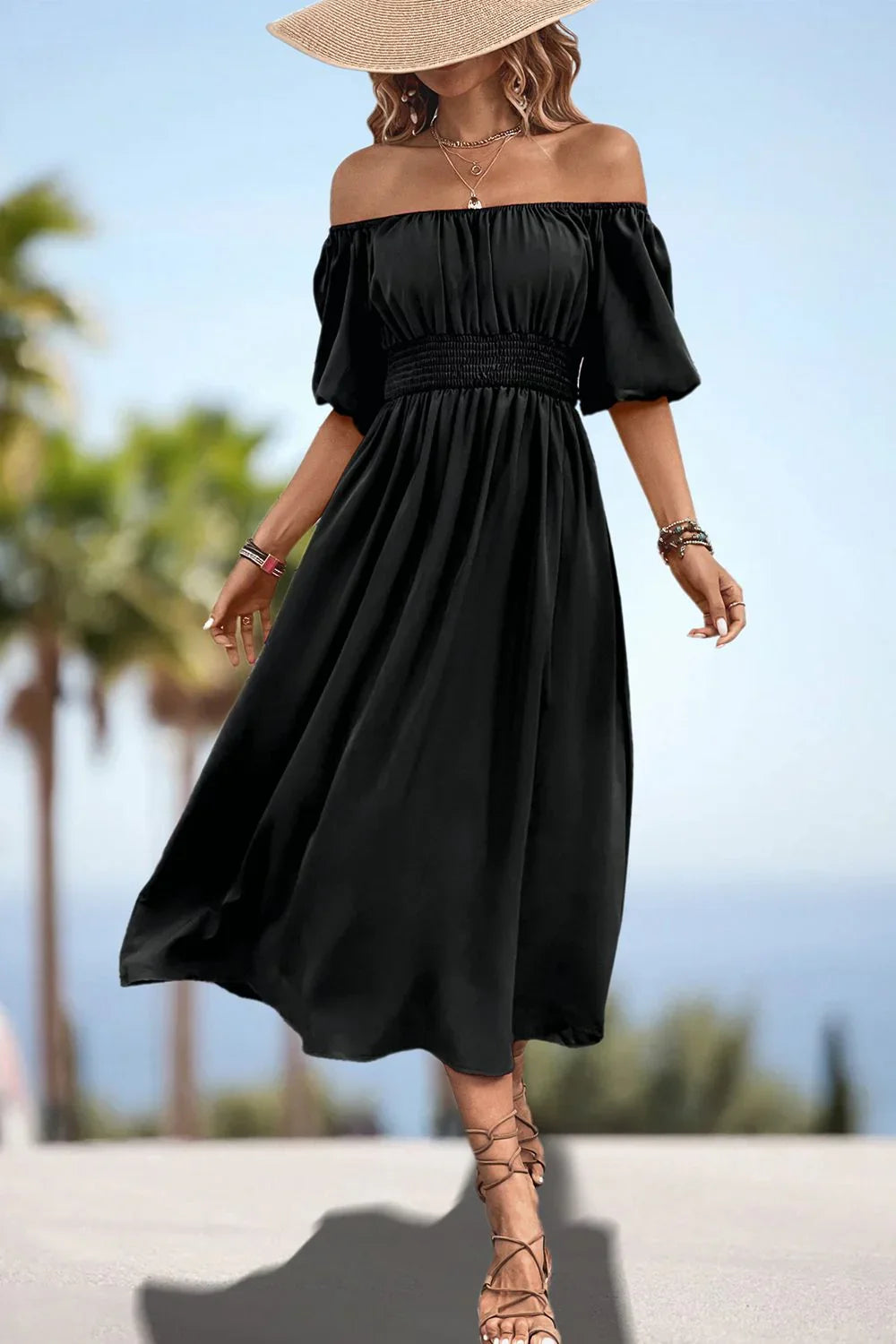 Square Neck Smocked Waist Puff Sleeve Midi Dress - Southern Shores Clothing