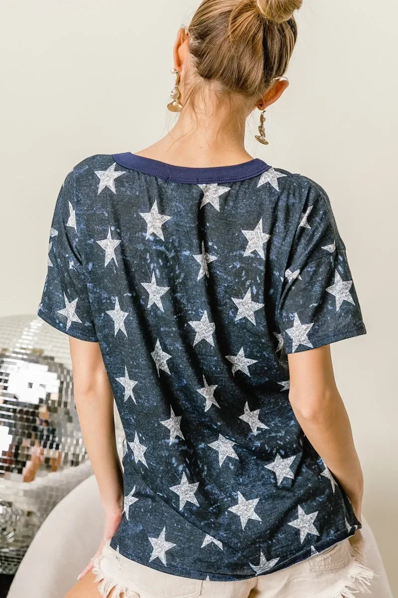 Vintage Star Print Tee With Contrast Caged Neck - Southern Shores Clothing