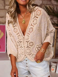 Southern Shores Clothing Crochet Lace V-Neck Buttoned Cutout Blouse In 100 Percent Polyester - Southern Shores Clothing