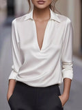 Satin Johnny Collar Long Sleeve Blouse Relaxed Fit - Southern Shores Clothing