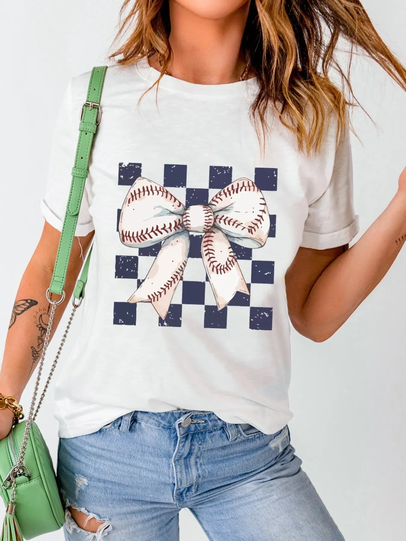 Checkered Bowknot Graphic Crew Neck T Shirt - Southern Shores Clothing