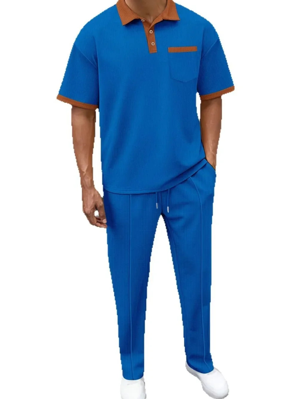 Men's Full Size Waffle-Knit Contrast Polo and Pants Set Plus Size - Southern Shores Clothing