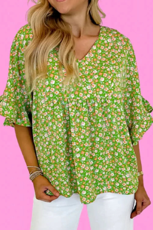 Ruffled Floral V-Neck Half Sleeve Blouse - Southern Shores Clothing
