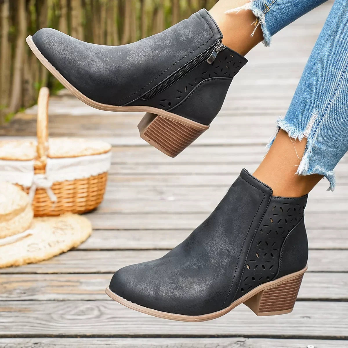 Round Toe Block Heel Ankle Boots Mid Heel - Southern Shores Clothing