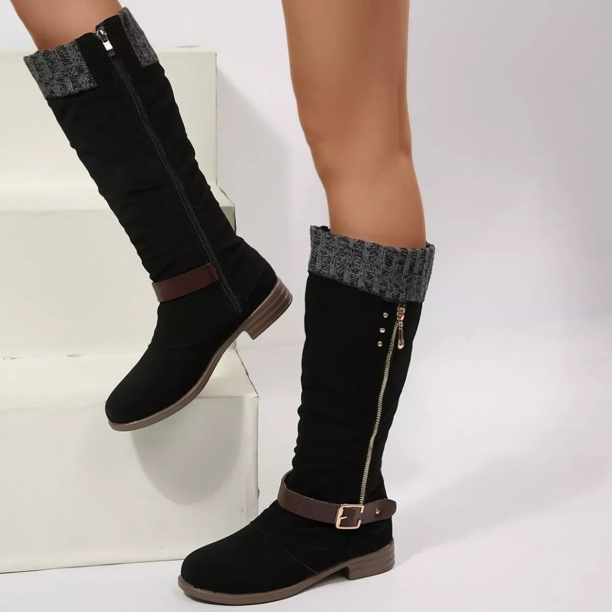 Round Toe Block Heel Boots Suede Rubber Casual