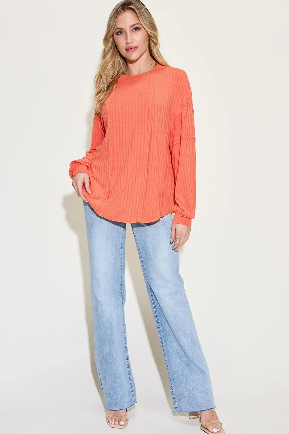 Ribbed Round Neck Long Sleeve T Shirt Basics - Southern Shores Clothing