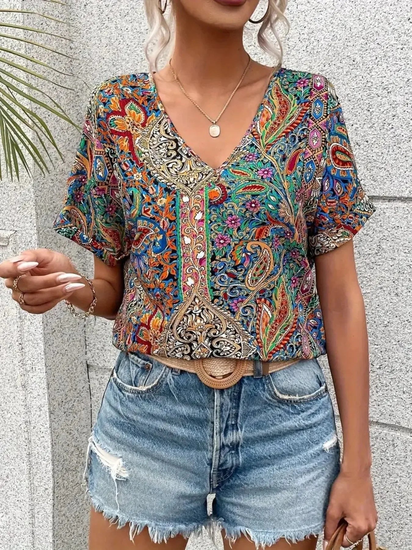 Bohemian Paisley Print V-Neck Short Sleeve T-Shirt - Southern Shores Clothing