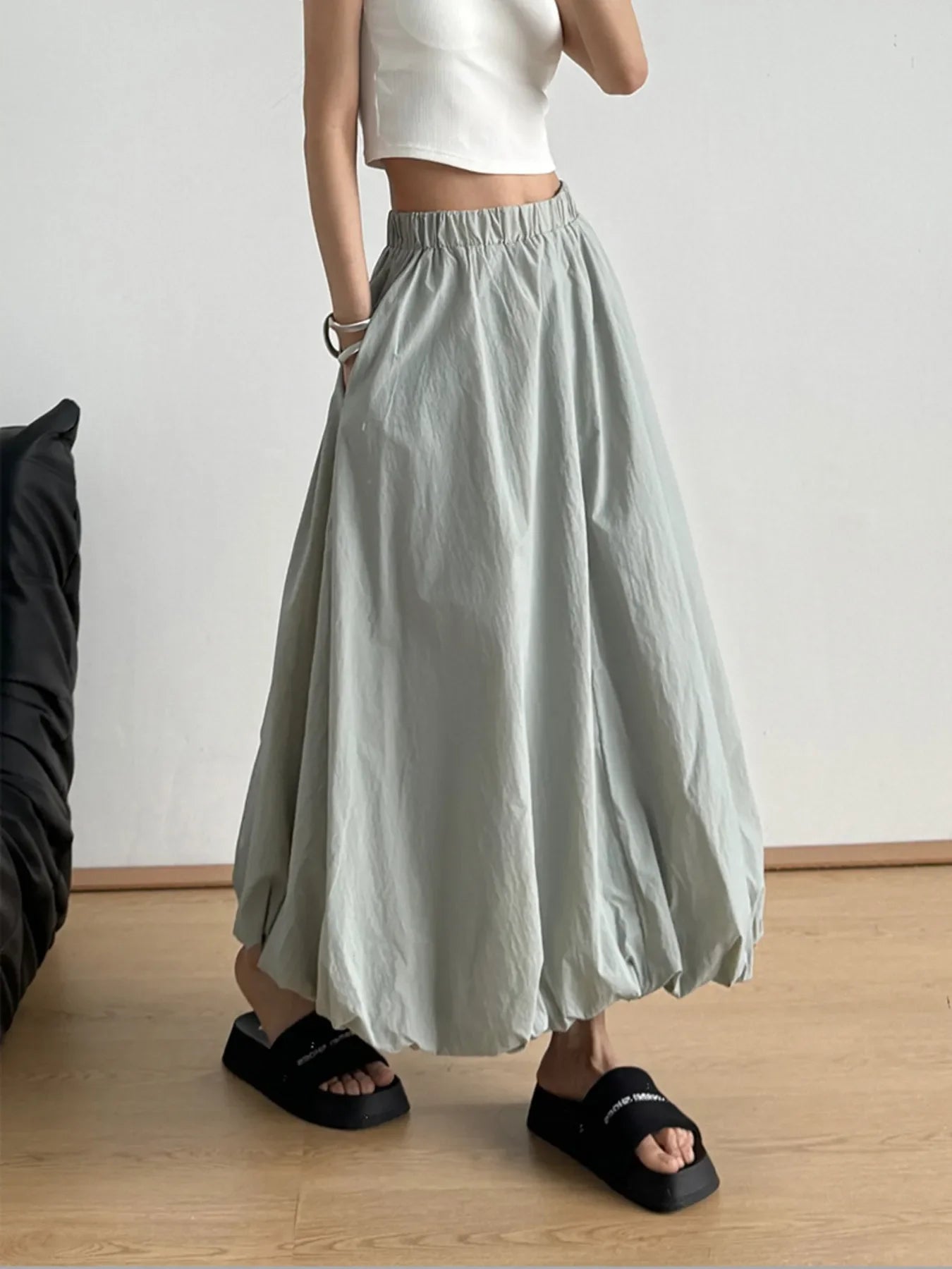Elastic Waist Bubble Hem Maxi Skirt One Size - Southern Shores Clothing