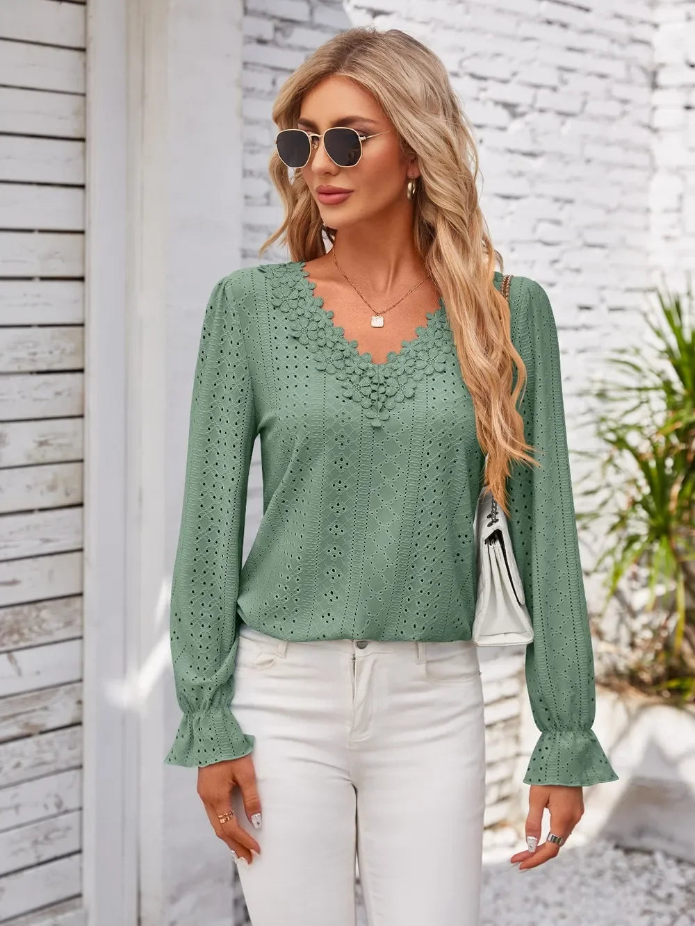 Applique V-Neck Flounce Sleeve Polyester T-Shirt - Southern Shores Clothing