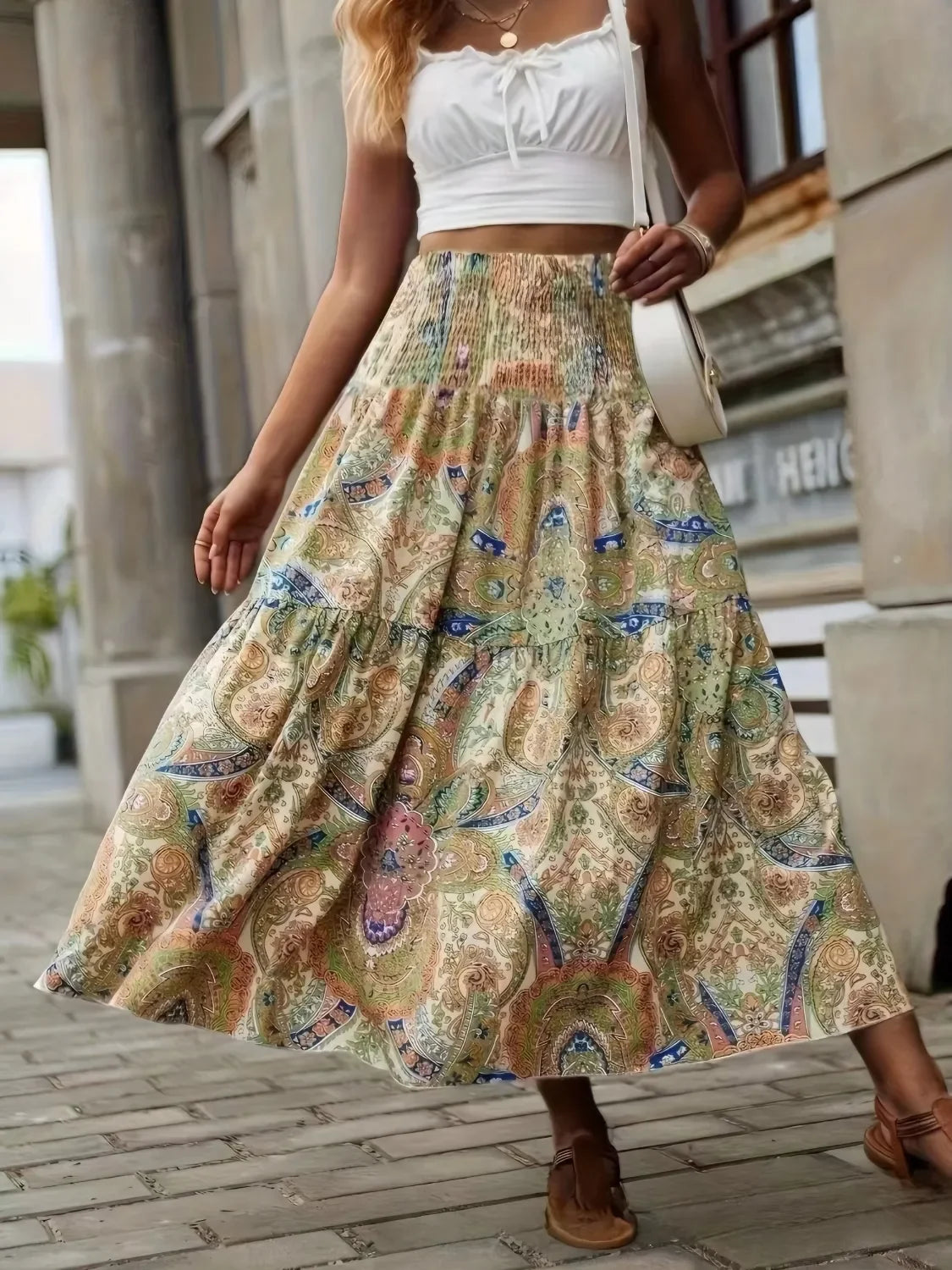 Flowing Smocked Printed High Waist Skirt - Southern Shores Clothing