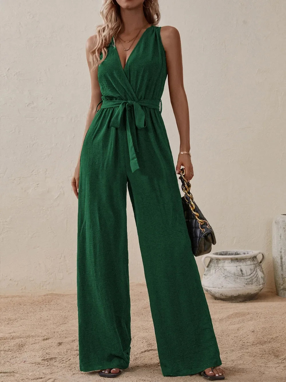 Tied Surplice Sleeveless Wide Leg Jumpsuit - Southern Shores Clothing