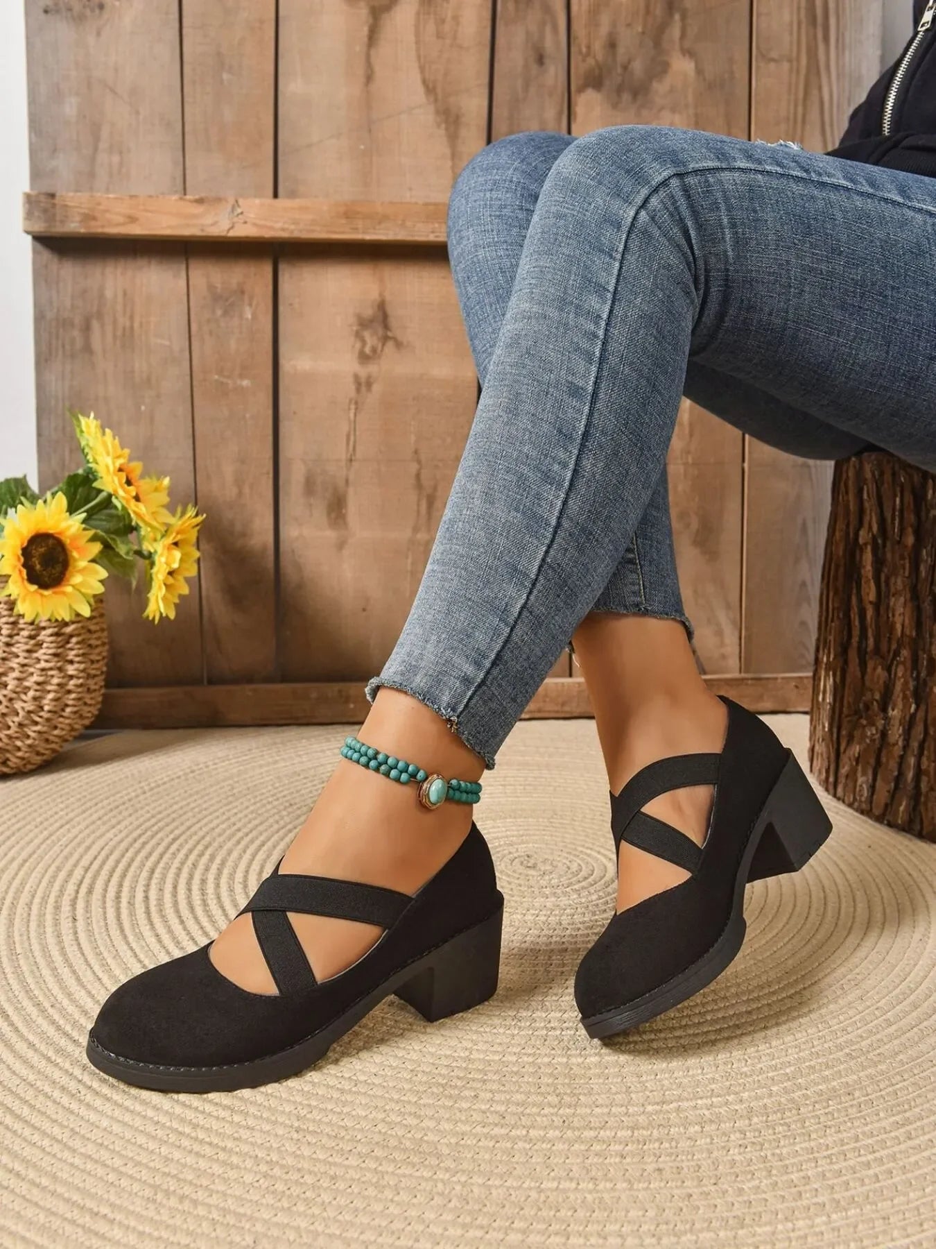 Crisscross Block Heel Pumps Leather Look - Southern Shores Clothing
