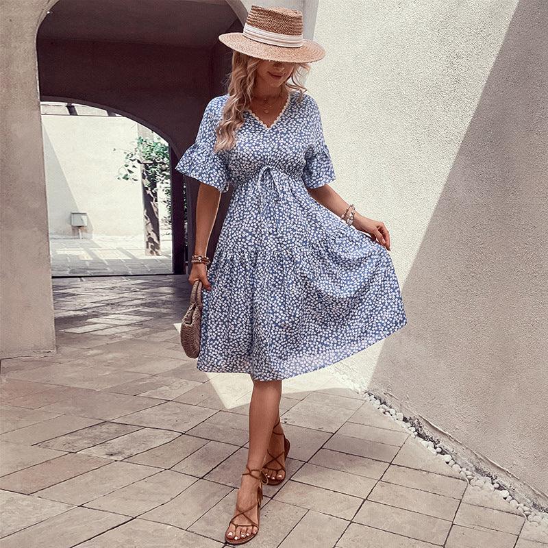 Floral Flounce Sleeve V Neck Lightweight Midi Dress - Southern Shores Clothing