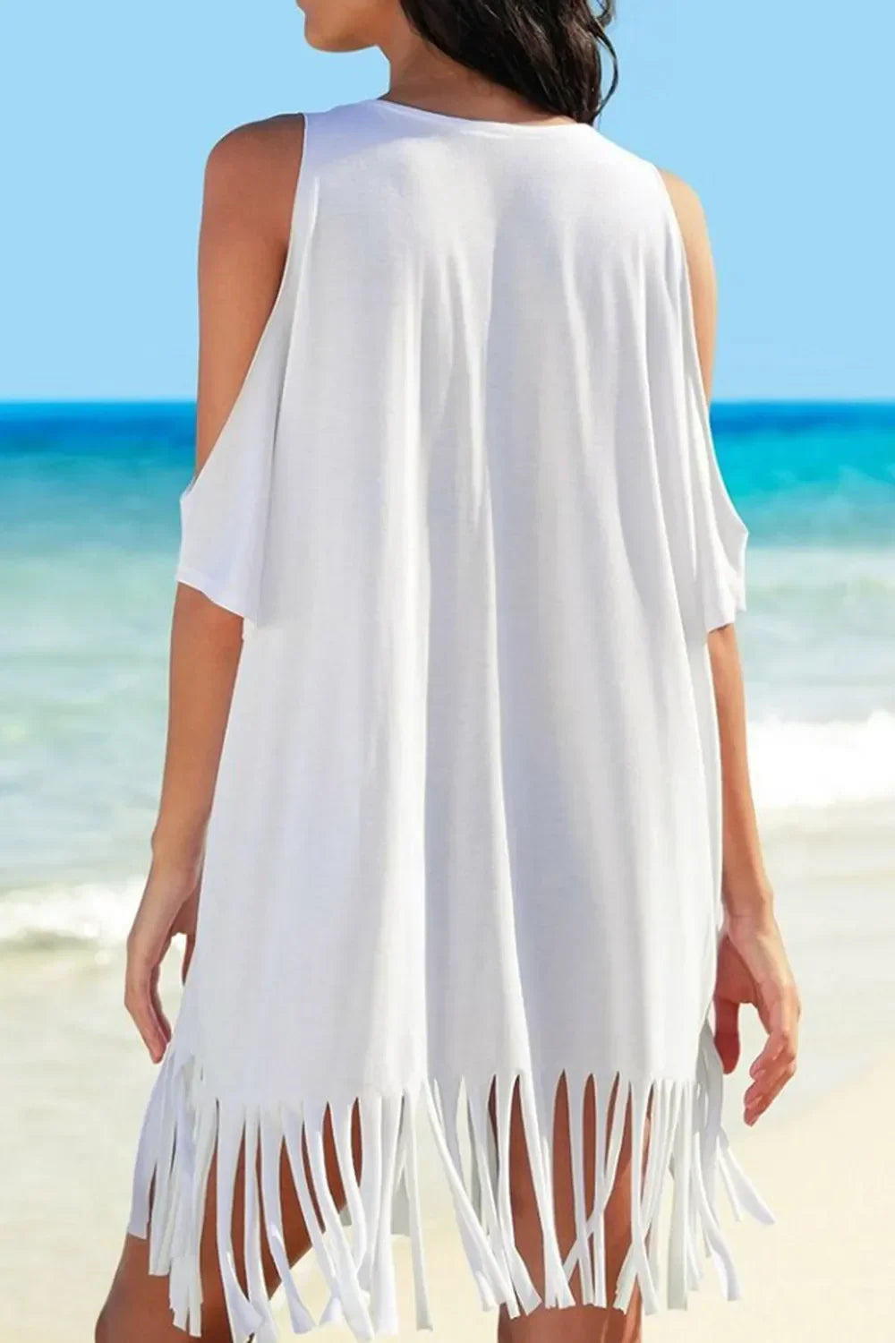 Stretchy Cold Shoulder Fringe V-Neck Cover Up One Size - Southern Shores Clothing