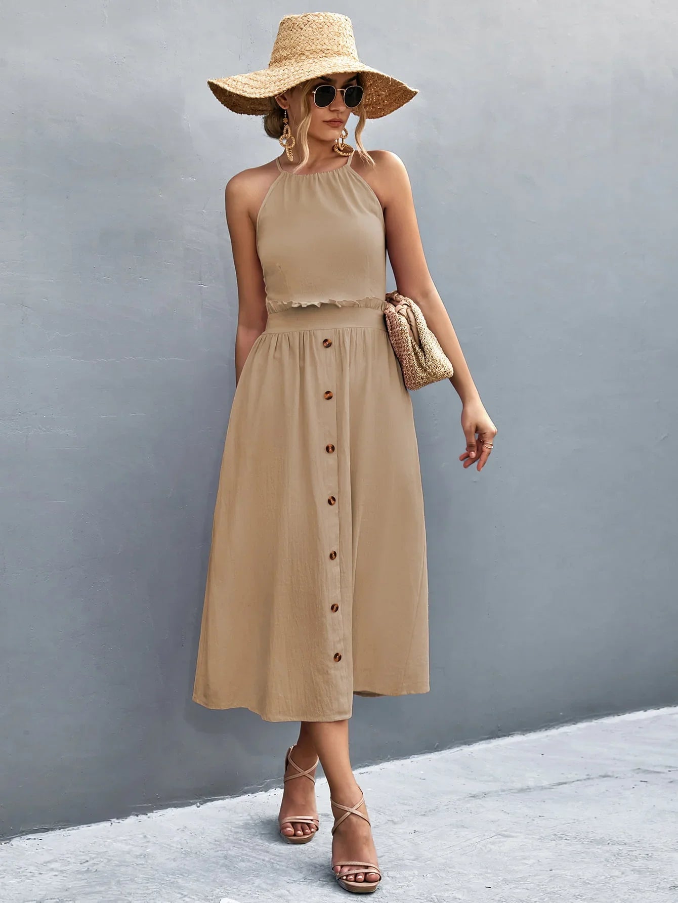 Buttoned Halter Neck Frill Trim Midi Dress - Southern Shores Clothing