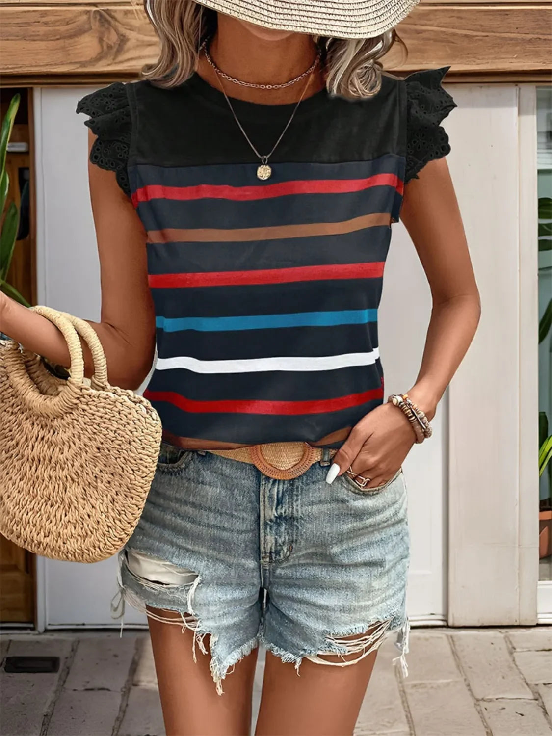 Striped Round Neck Cap Sleeve Lace Detail T Shirt - Southern Shores Clothing