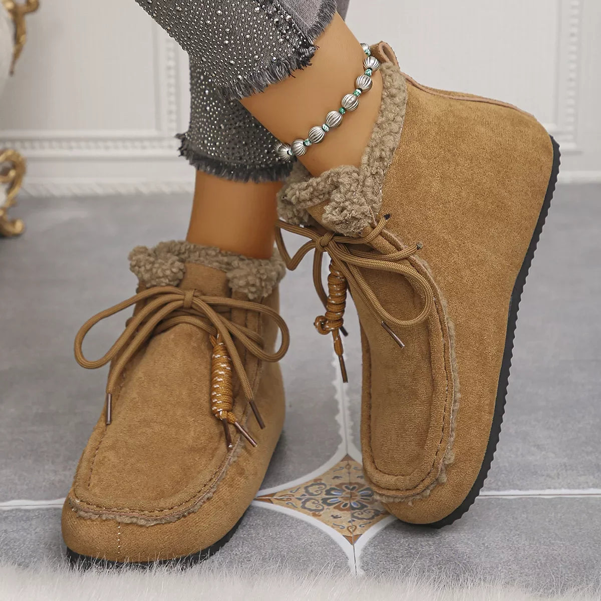 Plush Lined Fluff Suede Ankle Boots With Flat Heel - Southern Shores Clothing