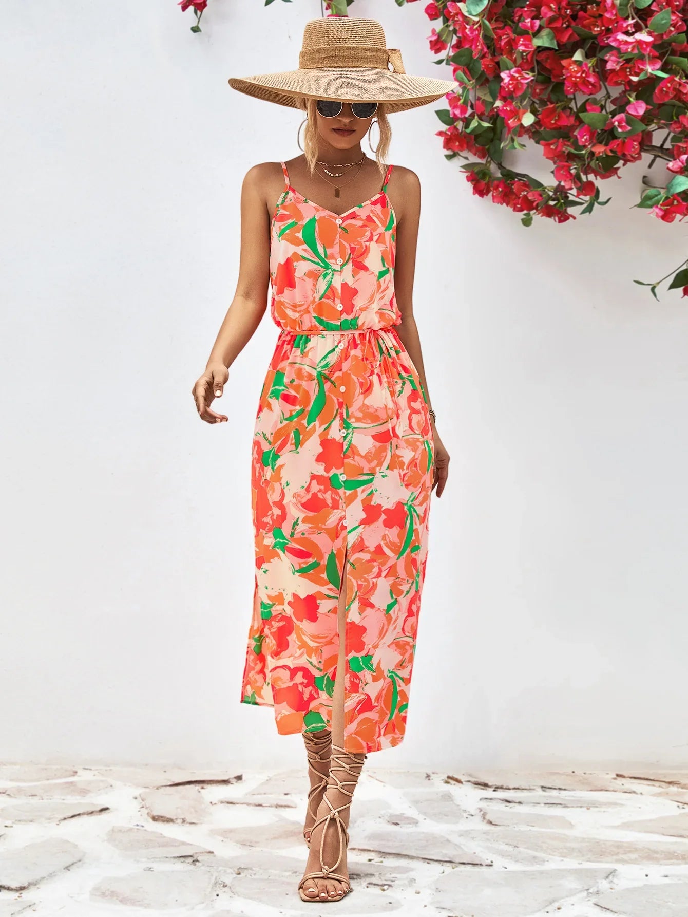 Printed Spaghetti Strap Front Slit Dress - Southern Shores Clothing