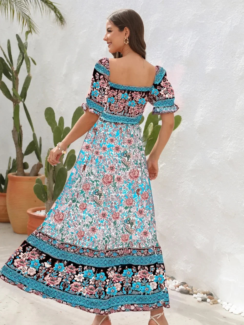 Floral Flounce Sleeve Midi Dress Rayon Off Shoulder Boho - Southern Shores Clothing