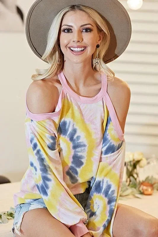 Tie Dye Terry Top With Cold Shoulder Detail - Southern Shores Clothing