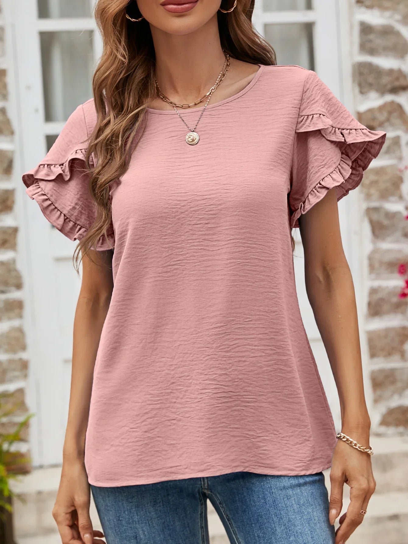Textured Petal Sleeve Round Neck Tee Polyester - Southern Shores Clothing