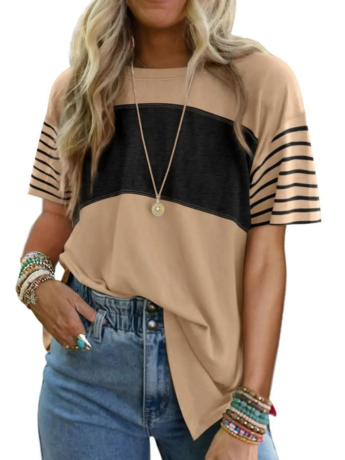Block Striped Sleeve T Shirt With Lightweight Fabric - Southern Shores Clothing