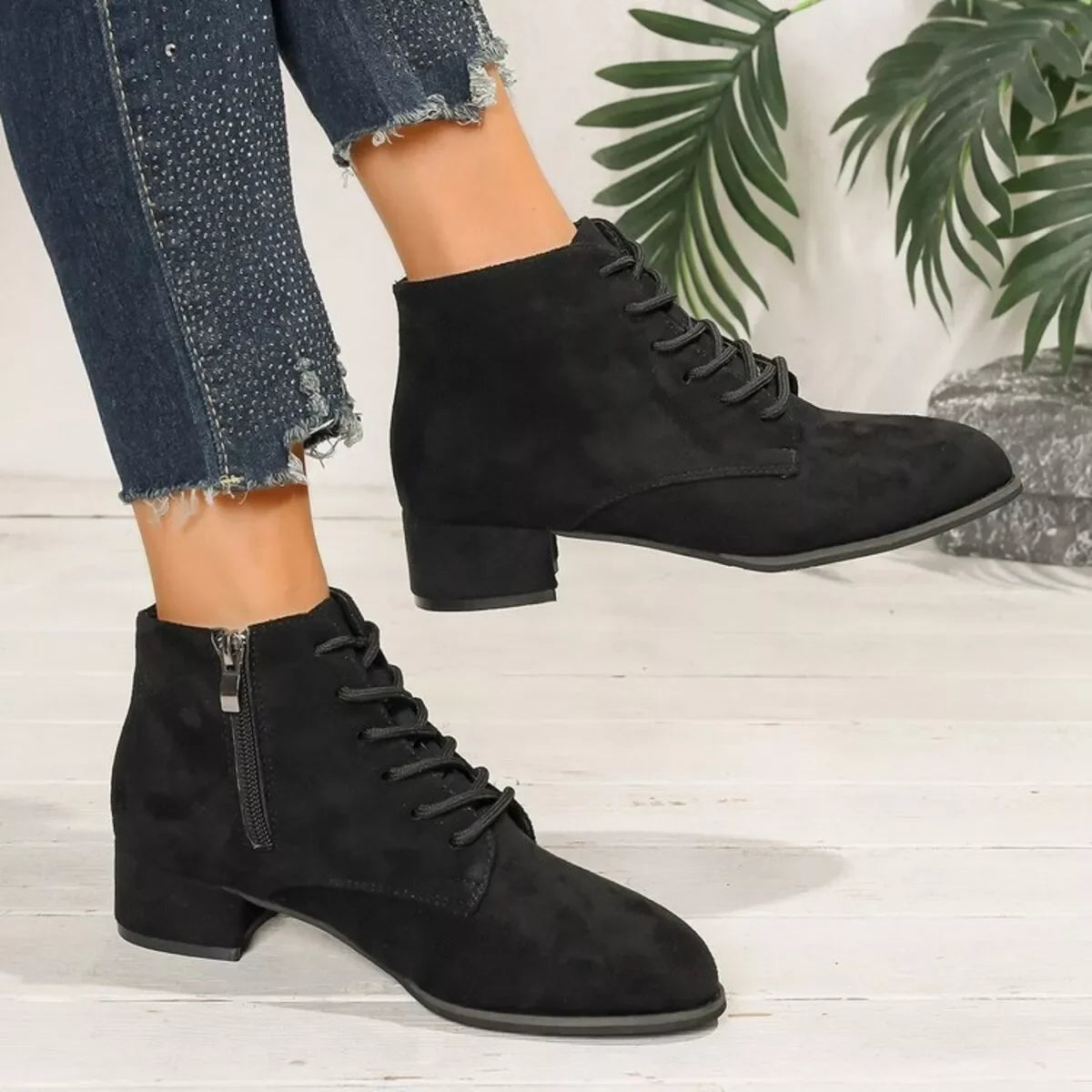 Lace-Up Block Heel Boots Suede Rubber Classic
