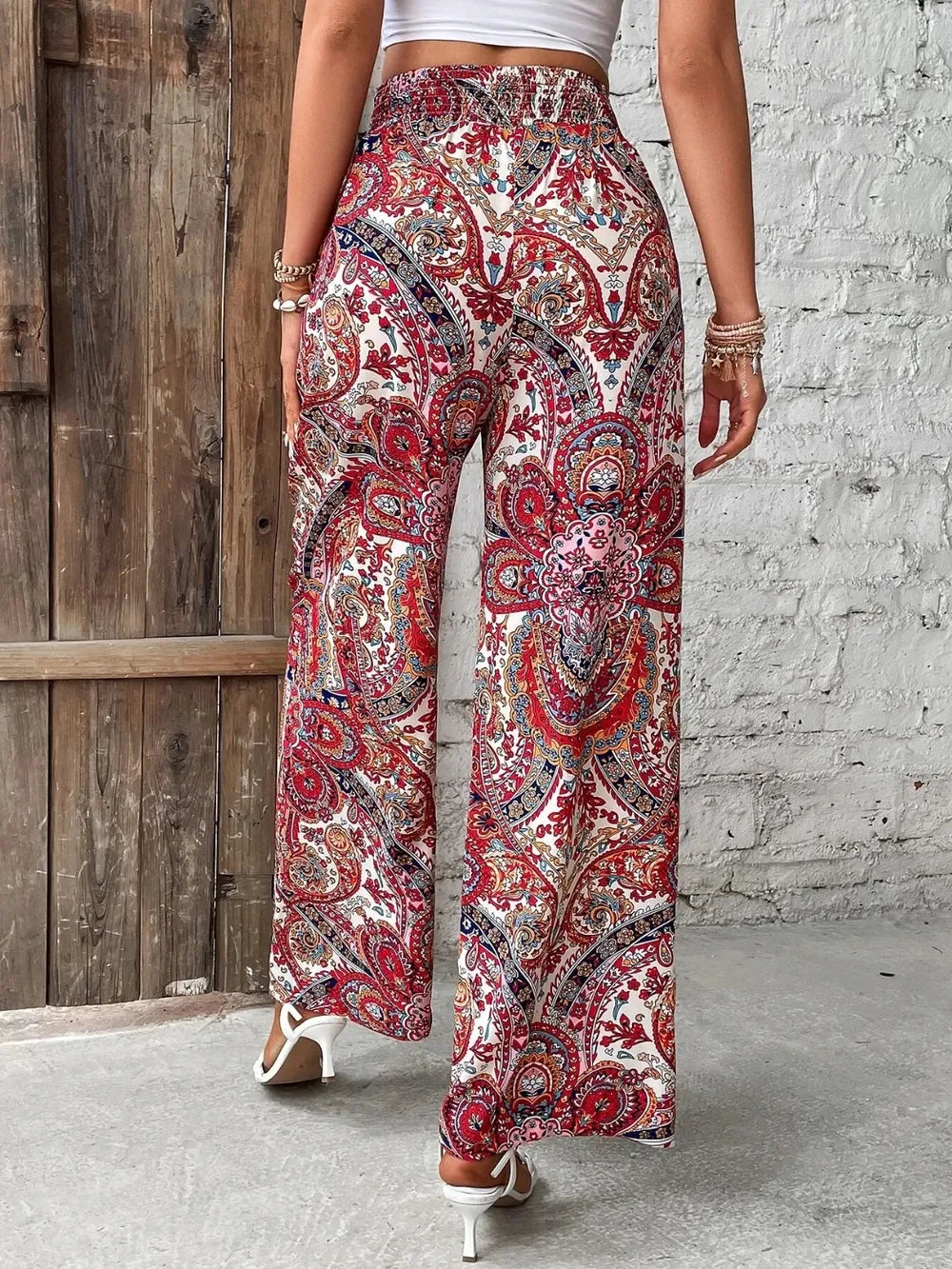 Printed Wide Leg Pants With Paisley Print Drawstring Waist - Southern Shores Clothing