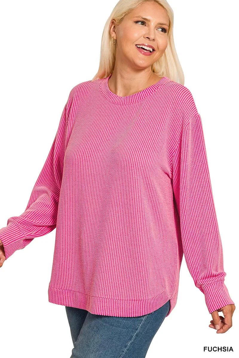 Raised Rib Round Neck Long Sleeve Top Plus Size - Southern Shores Clothing
