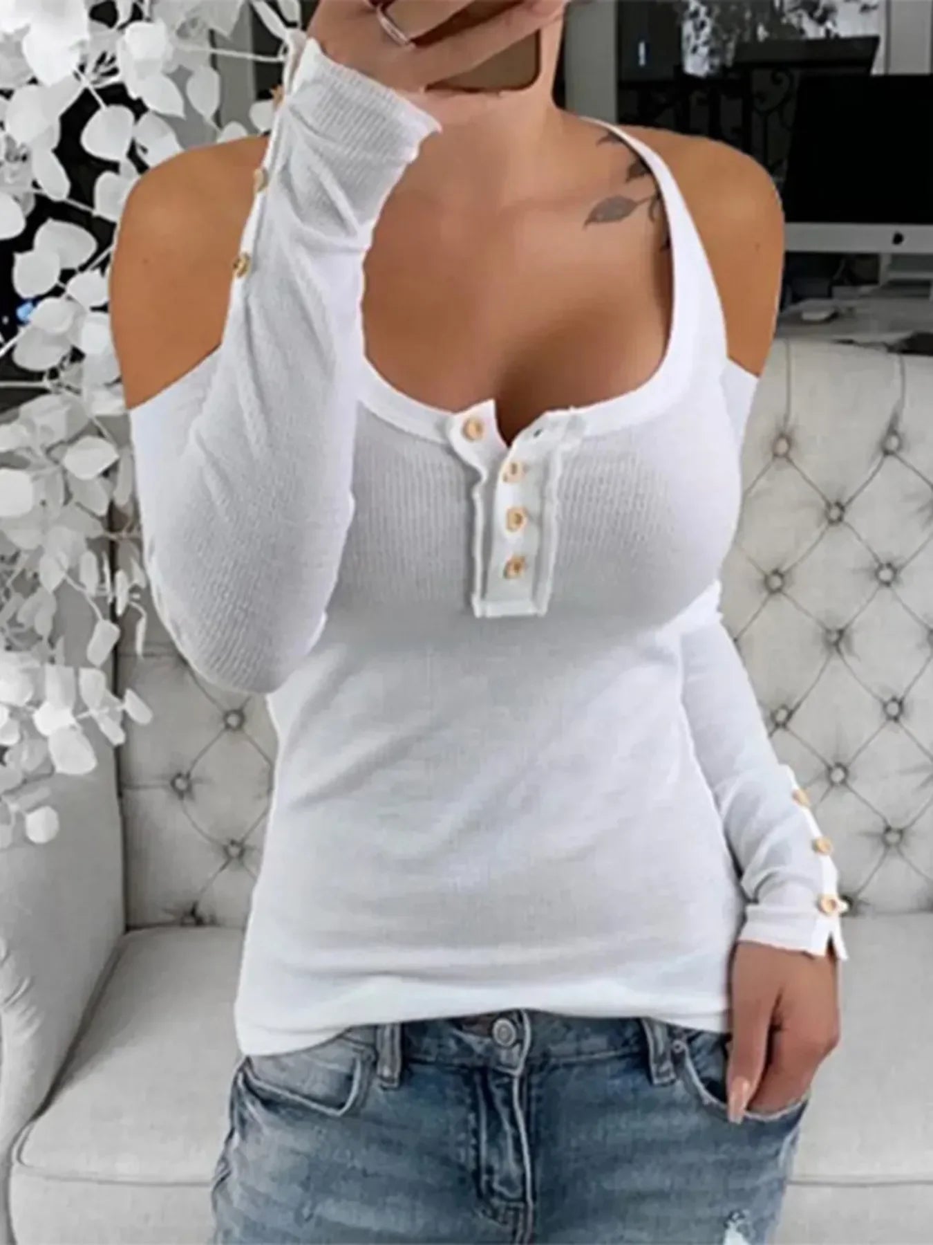 Cold Shoulder Ribbed Henley Tee With Button Detail - Southern Shores Clothing