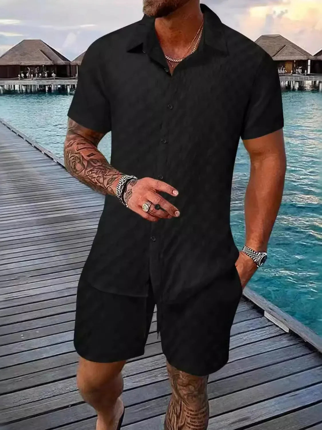 Men's Full Size Collared Neck Short Sleeve Top and Shorts Set Plus Size - Southern Shores Clothing