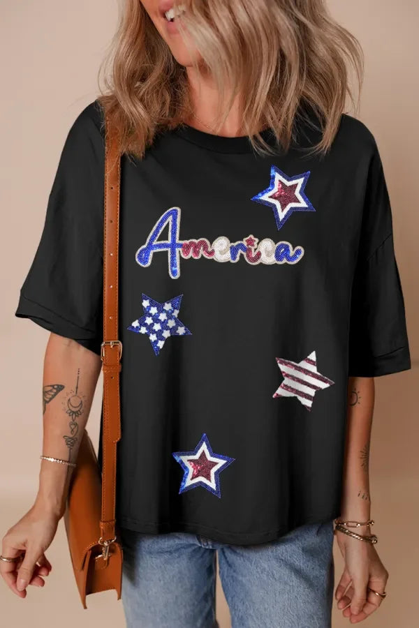 Sequined America Star Round Neck Shirt For Everyday Style - Southern Shores Clothing