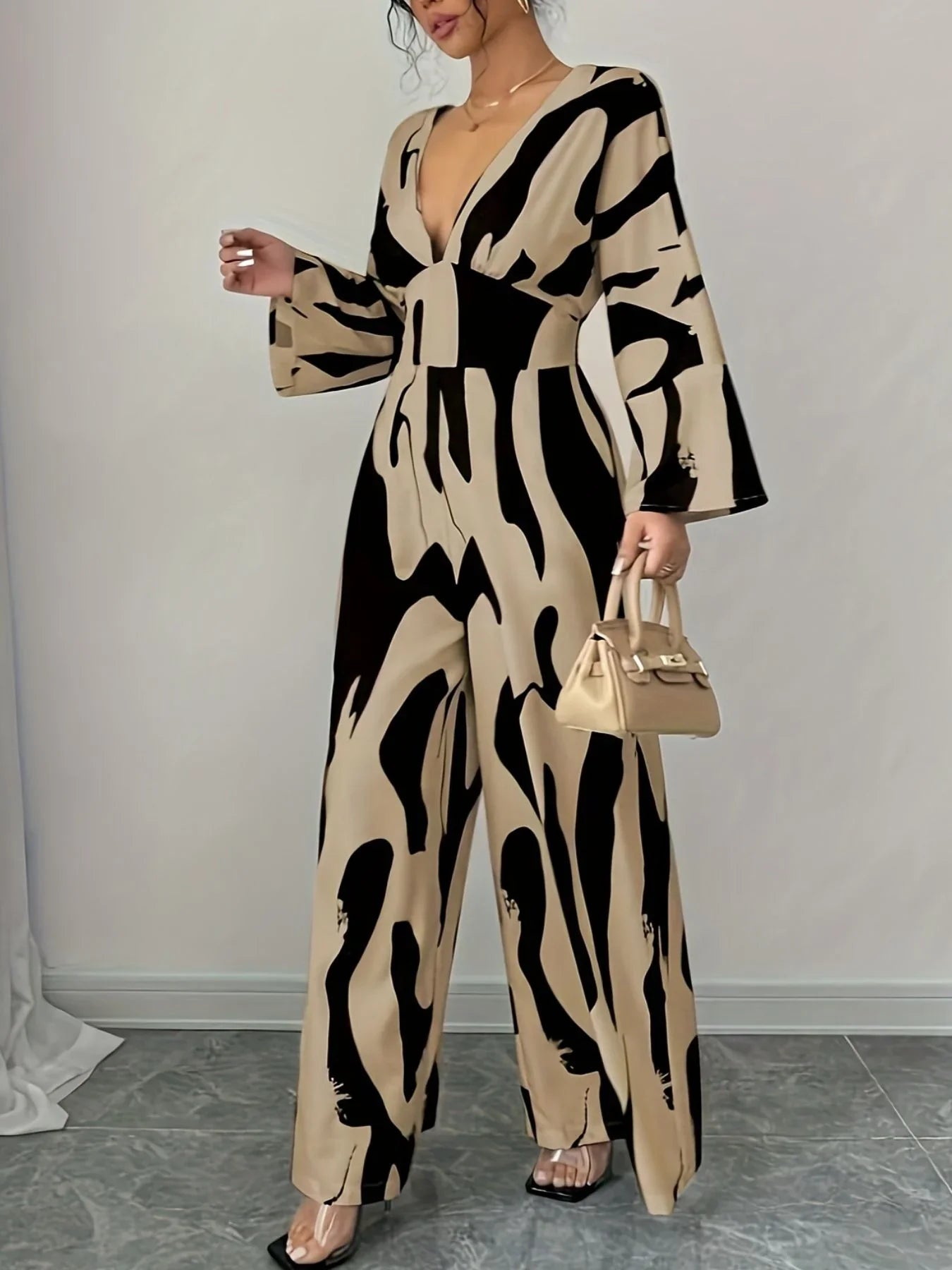 Abstract Print V-Neck Wide Leg Jumpsuit Silhouette - Southern Shores Clothing