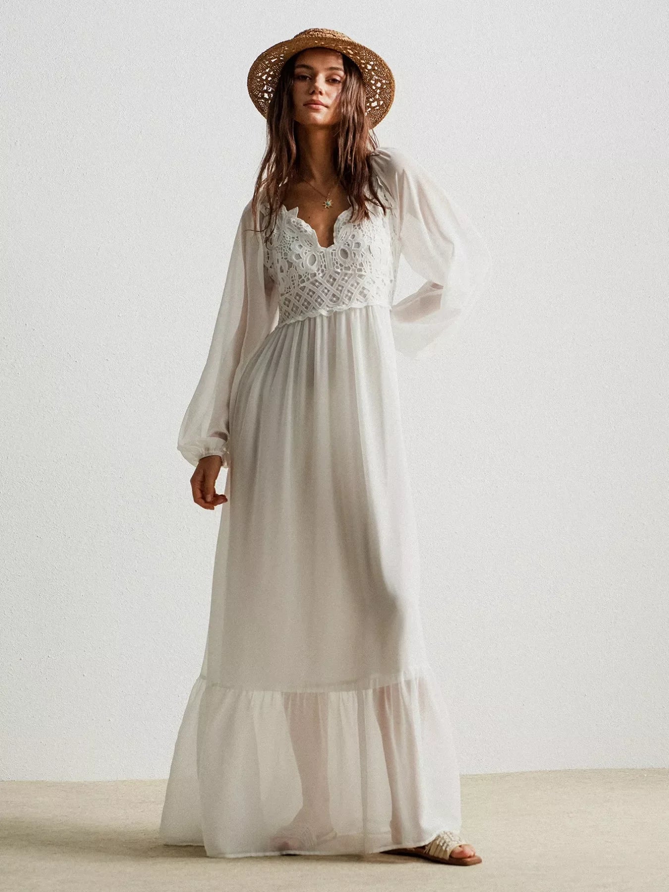 Boho Crochet Lace Maxi Dress With Smocked Bodice - Southern Shores Clothing
