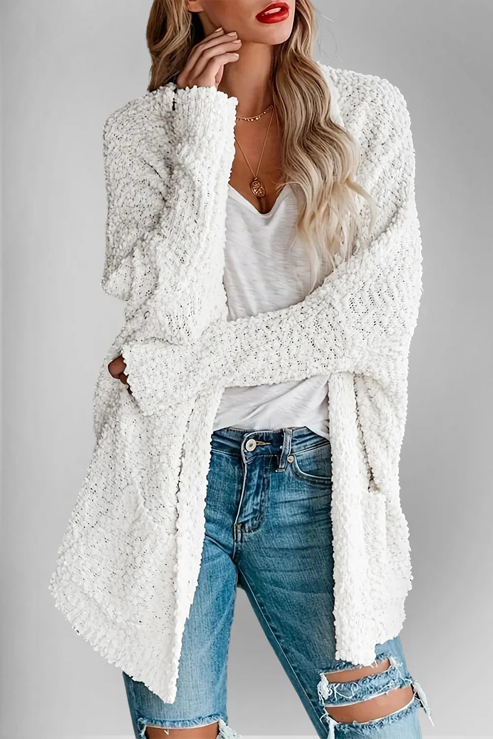 Pocketed Open Front Long Sleeve Cardigan With Stretch - Southern Shores Clothing