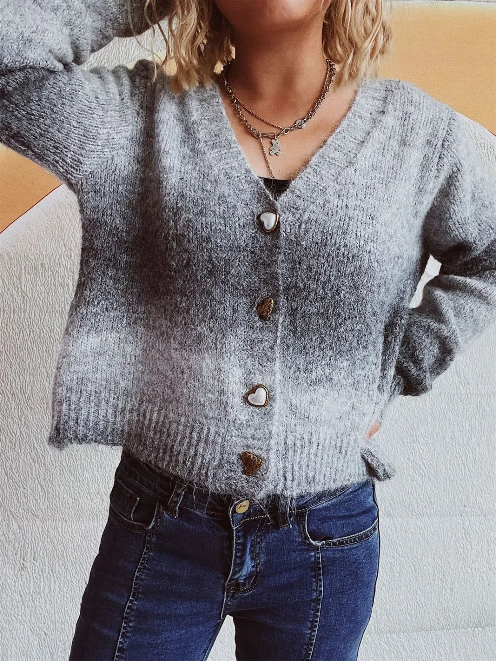 Heart Shape Button Front V-Neck Cardigan With Stretch - Southern Shores Clothing