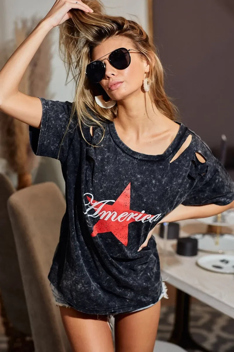 Laser Cut Mineral Washed Jersey T Shirt Americana Design - Southern Shores Clothing