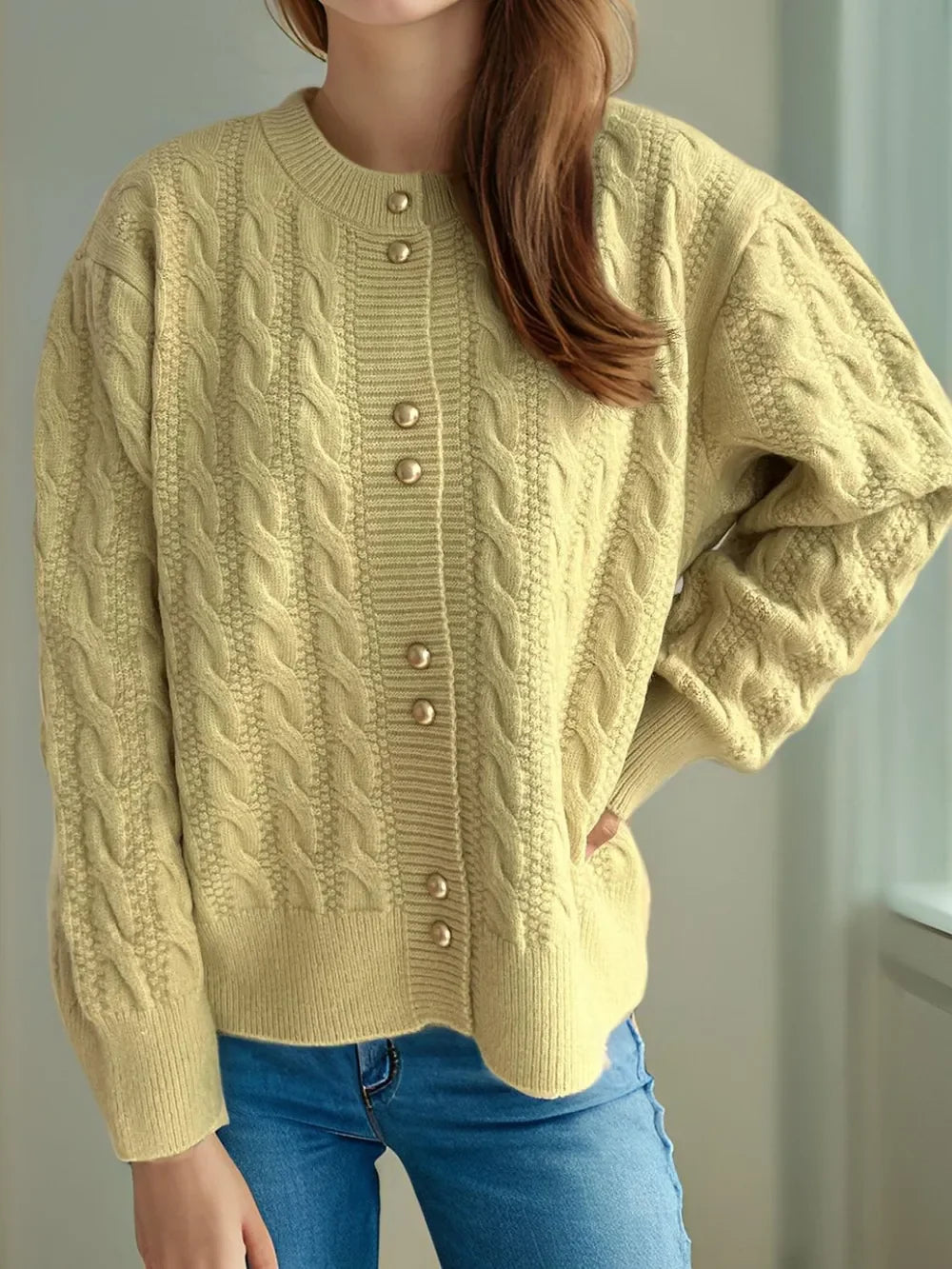 Cable-Knit Round-Neck Long Sleeve Cardigan Buttoned - Southern Shores Clothing