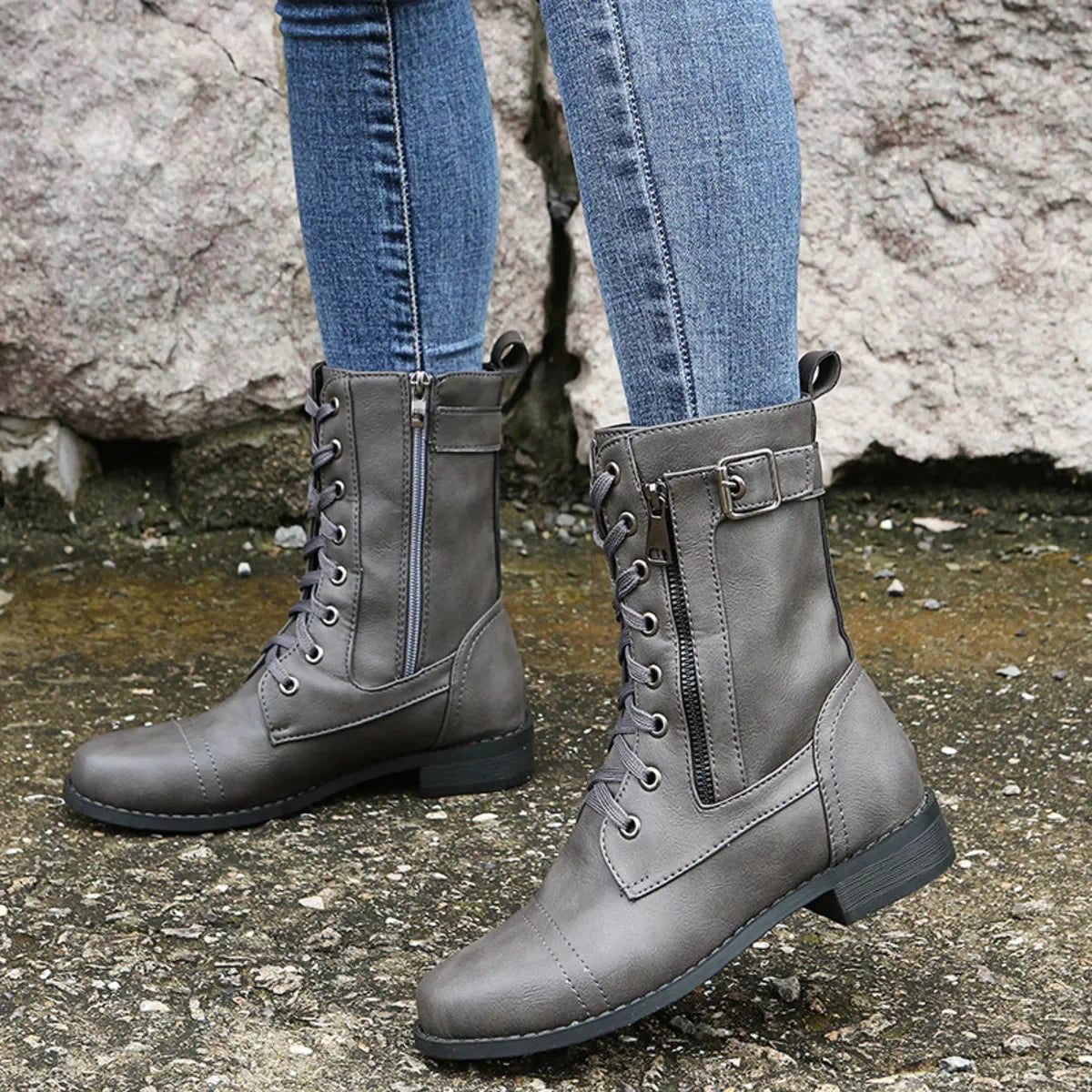 Lace-Up Ankle Boots With Zipper Detail, Low Heels - Southern Shores Clothing