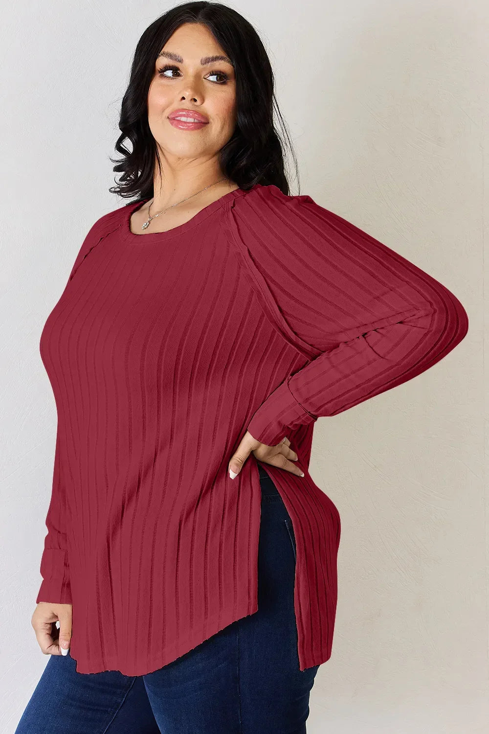 Ribbed Round Neck Slit T Shirt With Stretch - Southern Shores Clothing