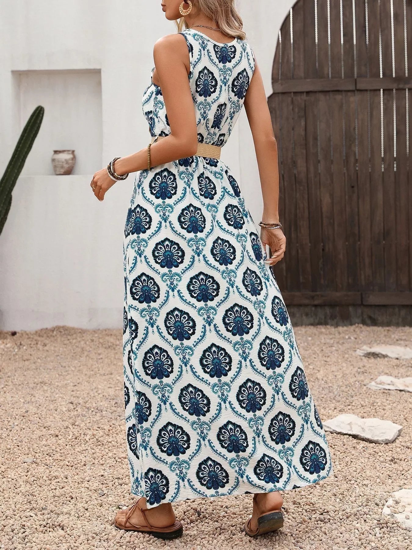 Printed Belted Slit Sleeveless Maxi Dress - Southern Shores Clothing