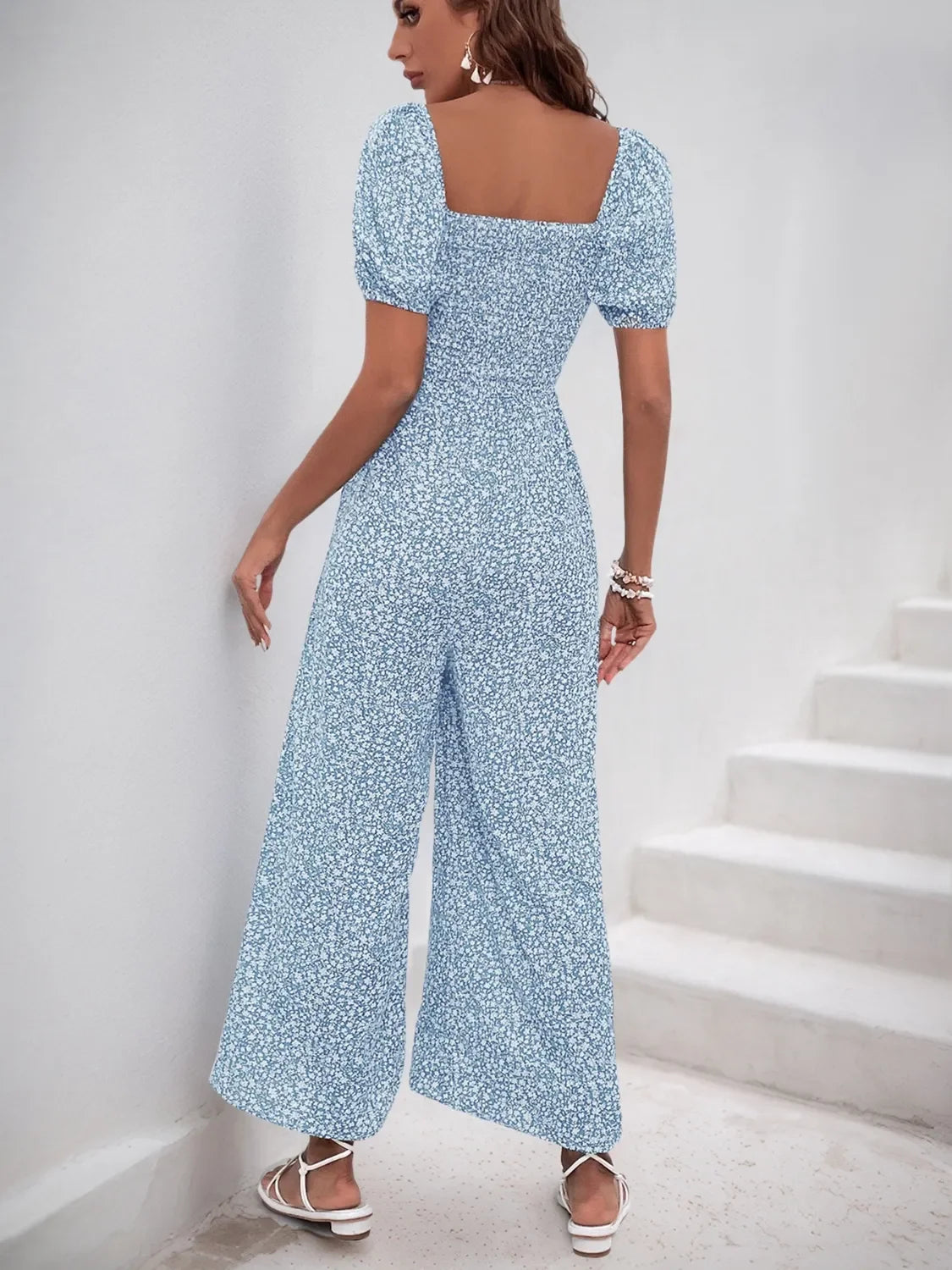 Printed Square Neck Puff Sleeve Jumpsuit - Southern Shores Clothing