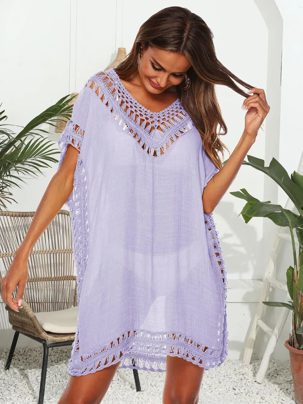 Cutout V-Neck Short Sleeve Cover-Up One Size - Southern Shores Clothing