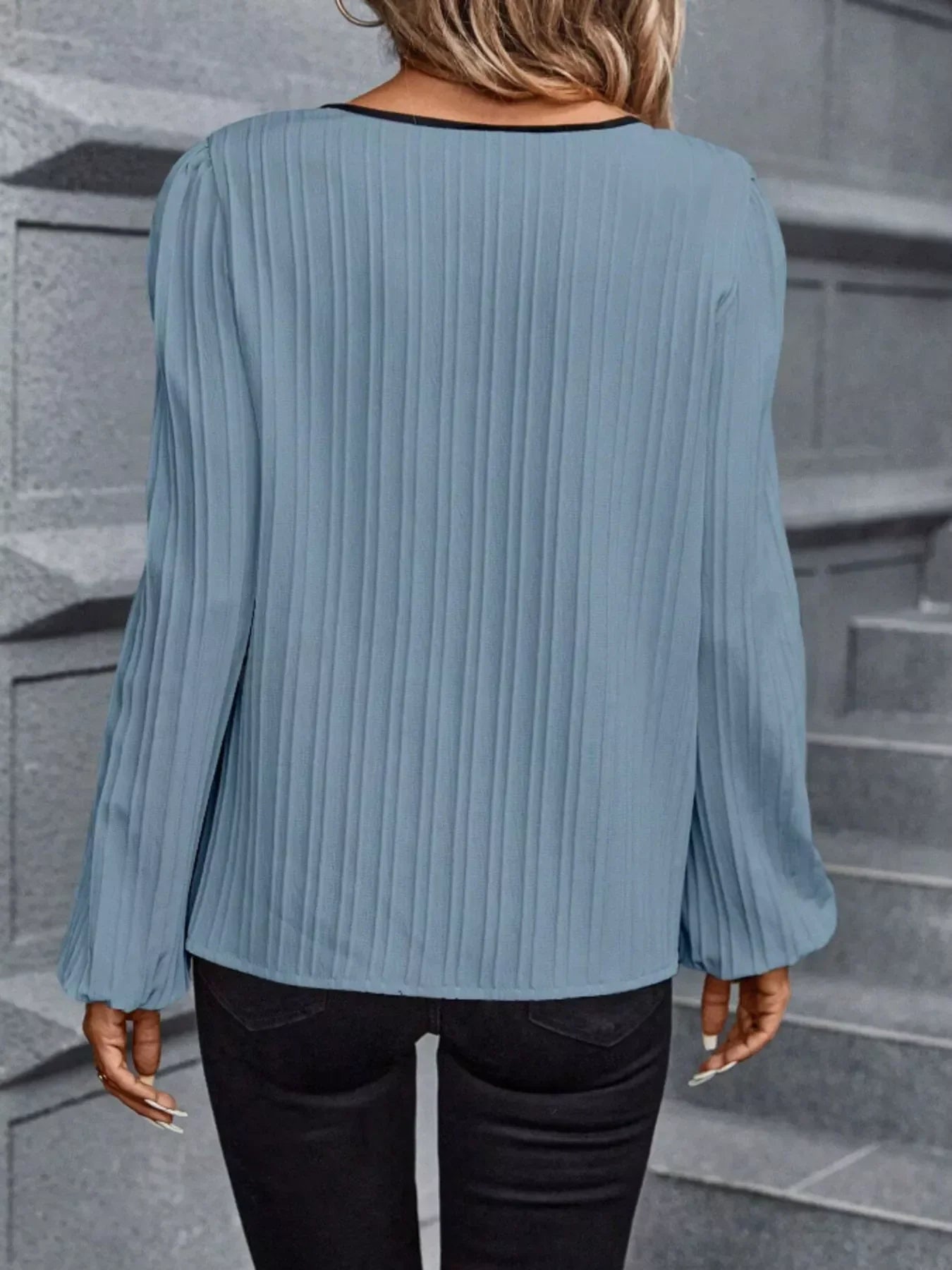 Textured Notched Long Sleeve Blouse Polyester - Southern Shores Clothing